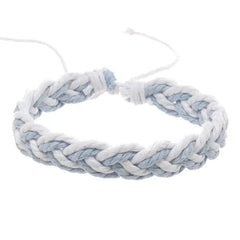 Handwoven cotton string bracelet in white and light blue braided design with adjustable closure