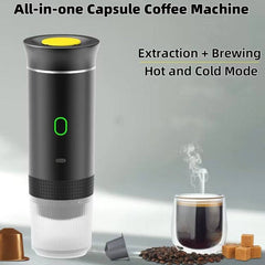 Portable black coffee brewer with built-in capsule extraction, brewing hot and cold coffee anytime anywhere