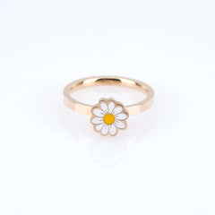 Gold metal fidget spinner rotatable ring for women with flower-shaped white and yellow design