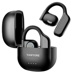 YAWYORE Open Ear Headphones wireless Bluetooth earbuds with earhooks, black, waterproof, lightweight, 60-hour playtime, and clear sound.