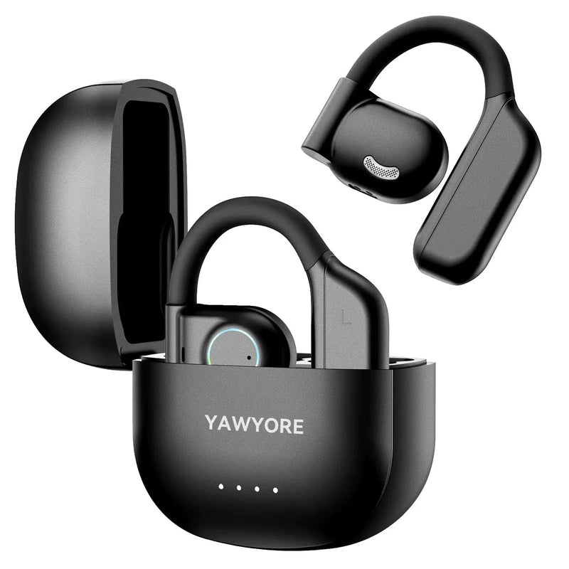 YAWYORE Open Ear Headphones wireless Bluetooth earbuds with earhooks, black, waterproof, lightweight, 60-hour playtime, and clear sound.