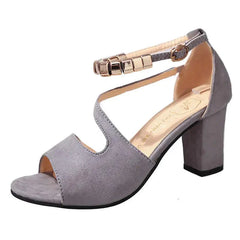 Grey suede fashion women's sandals with thick mid-heel and gold buckle strap