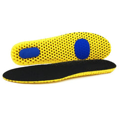 Yellow honeycomb mesh memory foam insoles with blue cushioning pads for sports shoes