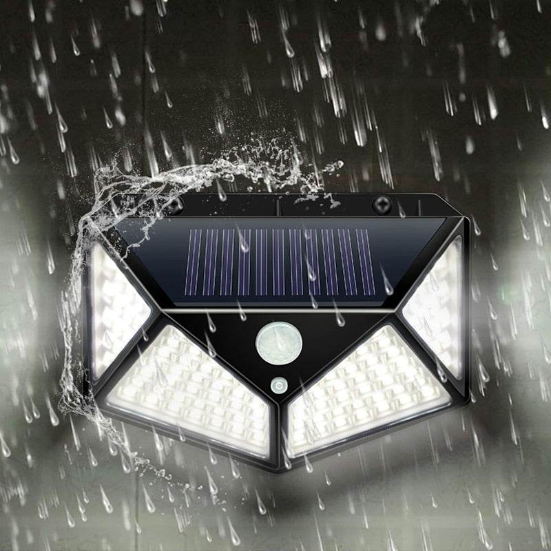 Waterproof Garden Solar Lamp with motion sensor and bright LED lights in rain