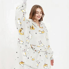Heated Hoodie Blanket with plush cat print, oversized fit, built-in USB heating, cozy hood, and front pocket.