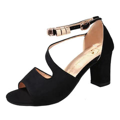 Black fashion women's sandals with thick mid-heel and buckle strap made of suede