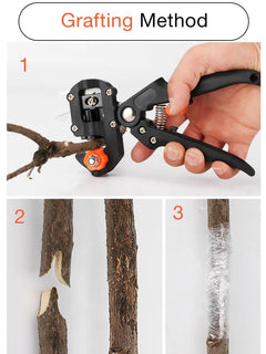 Premium pruning shears making a precise grafting cut on a tree branch for gardening.