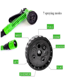 Flexible garden hose nozzle showing 7 spray modes including full, mist, jet, shower, flat, center, and cone options.