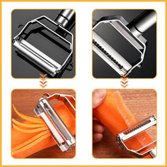 Stainless steel kitchen vegetable peeler with sharp blade and ergonomic handle peeling carrots.