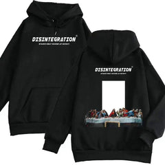 Black women's hoodie with "DISINTEGRATION" text on front and Last Supper floral graphic on back
