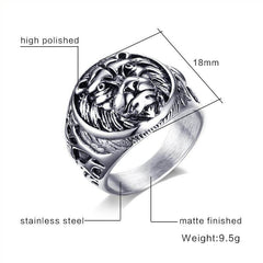 Stainless steel Lion Head Ring with high polished and matte finishes, 18mm detailed lion design, weighing 9.5g, perfect for bold style statements.
