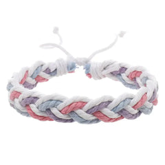 Handwoven cotton string bracelet in pastel pink, purple, and blue braided design with adjustable closure