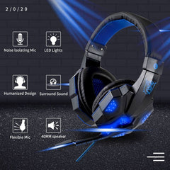 Black LED light wired gamer headset with noise-isolating flexible mic and 40mm speakers