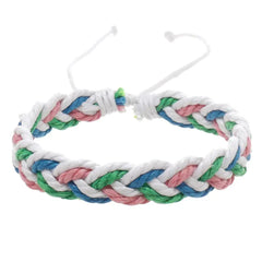Handwoven cotton string bracelet with pink, green, blue, and white braided design and adjustable closure