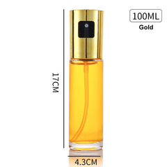 100ml gold kitchen condiment bottle with durable glass body and spray head for oils and dressings, 17cm tall and 4.3cm wide