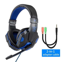 Black and blue LED light wired gamer headset with retractable microphone and 2-in-1 adapter cable for PC and consoles