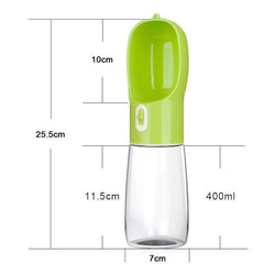 Green pet dog water bottle with built-in bowl, 400ml capacity, leak-proof and portable for hydration on the go