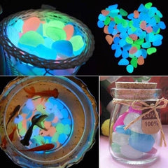 Glow in the dark garden pebbles glowing in various colors, used in baskets, aquariums, and jars for decorative outdoor and indoor lighting.