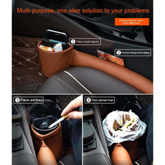 Leather car seat gap filler organizer in brown PU leather, showing storage for small objects, ashtray use, and garbage bag placement between car seat and center console.