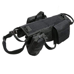 Black tactical military dog harness with adjustable straps, padded interior, durable construction, and attached storage pouches.