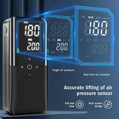 Portable Inflator Pump with digital dual-screen air pressure sensor and 12V motor for cars, motorcycles, and bicycles.