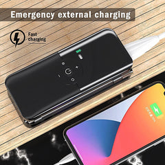 Portable Inflator Pump with emergency external charging and fast charging feature on wooden surface.