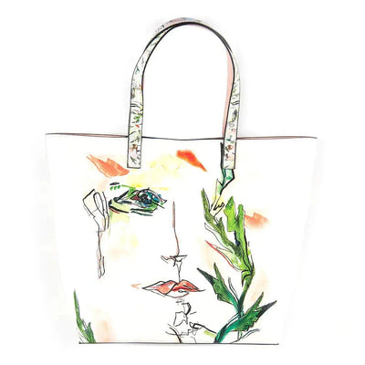 Biggdesign Faces Faux Leather Shoulder Bag with artistic face pattern and green leaf details, large capacity, and sturdy shoulder straps