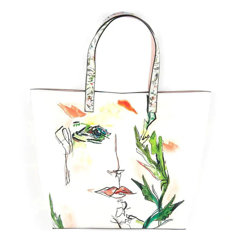 Biggdesign Faces Faux Leather Shoulder Bag with artistic face pattern and green leaf details, large capacity, and sturdy shoulder straps