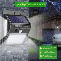 Waterproof Garden Solar Lamp with motion sensor and 100 LED lights for outdoor wall mounting, IP65 rated for heat and frost resistance.