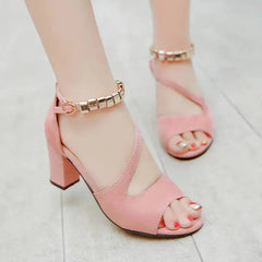 Pink suede fashion women's sandals with thick mid-heel and decorative ankle buckle