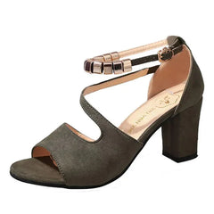 Fashion women's suede sandals with thick mid-heel and buckle strap in grey color