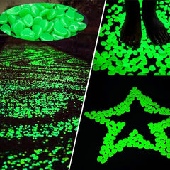 Glow in the dark garden pebbles glowing green in dark outdoor paths and decorative shapes