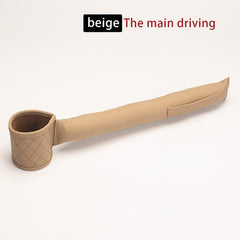 Beige leather car seat gap filler with storage pocket and cup holder for car interior organization.