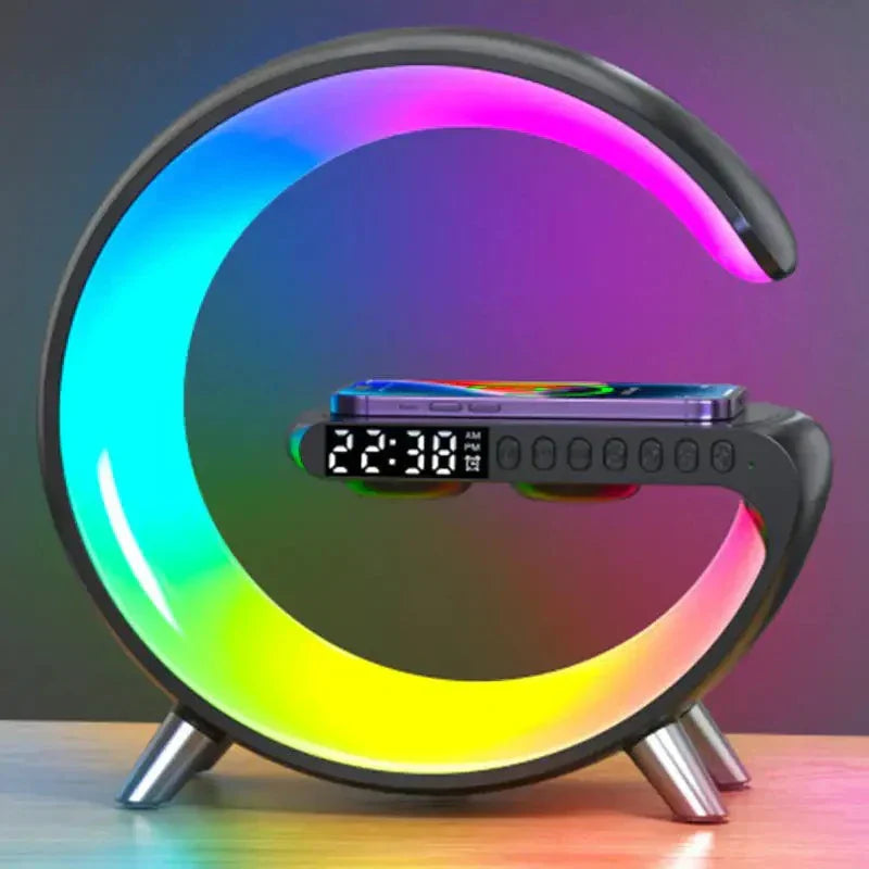 Multi-function Bluetooth lamp with circular RGB light, digital clock display, phone holder, and control buttons