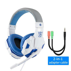 White and blue Led Light Wired Gamer Headset with cushioned ear pads and retractable microphone, includes 2-in-1 adapter cable for PC and consoles.