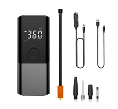 Portable Inflator Pump with digital display, multiple nozzle attachments, USB and car charger cables for easy tire inflation on the go