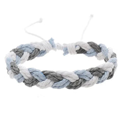 Handwoven cotton string bracelet braided in blue, white, and gray colors with adjustable closure