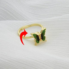 Gold fidget spinner rotatable ring with green butterfly design for women