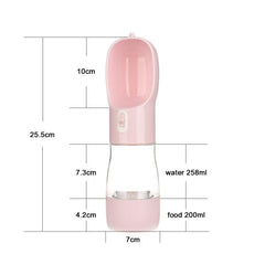 Pink pet dog water bottle feeder with built-in bowl for water and food, 258ml water and 200ml food capacity, leak-proof and portable.