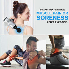 Woman using tissue muscle massage gun on shoulder with highlighted muscle pain, man massaging shoulder soreness, person holding lower back pain after exercise.