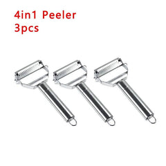 Set of three stainless steel kitchen vegetable peelers with sharp blades and ergonomic handles for easy peeling and prepping