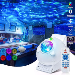 Northern Lights Star Projector projecting colorful aurora and star patterns with remote control in cozy bedroom setting