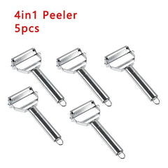 Set of five stainless steel kitchen vegetable peelers with ergonomic handles for easy and efficient peeling.