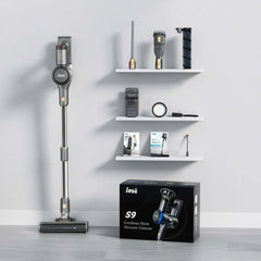 INSE S9 30KPa 400W cordless stick vacuum cleaner with multiple attachments and packaging box displayed on floor and shelves
