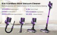 Poweart V870 cordless stick vacuum cleaner with 8-in-1 attachments, purple, featuring 30000Pa suction, 350W motor, 45-minute runtime, and quick 4.5-hour charging.