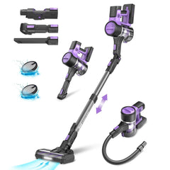 INSE S10K Cordless Vacuum Cleaner with 28Kpa suction, handheld stick design, multiple attachments, and washable filters in purple and black.