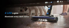 INSE N300 Cordless Vacuum Cleaner with 4 LED lights illuminating dark corners for pet hair and debris cleaning on hard floors.