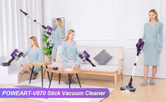 Woman demonstrating multiple uses of the purple and white Poweart V870 cordless vacuum cleaner in a modern living room.