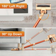 INSE N300 Cordless Vacuum Cleaner in orange with adjustable 180° and 90° flexible cleaning head reaching under furniture