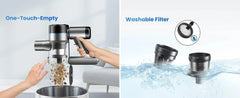 INSE S9X cordless vacuum cleaner being emptied with one touch and showing washable filter under water.